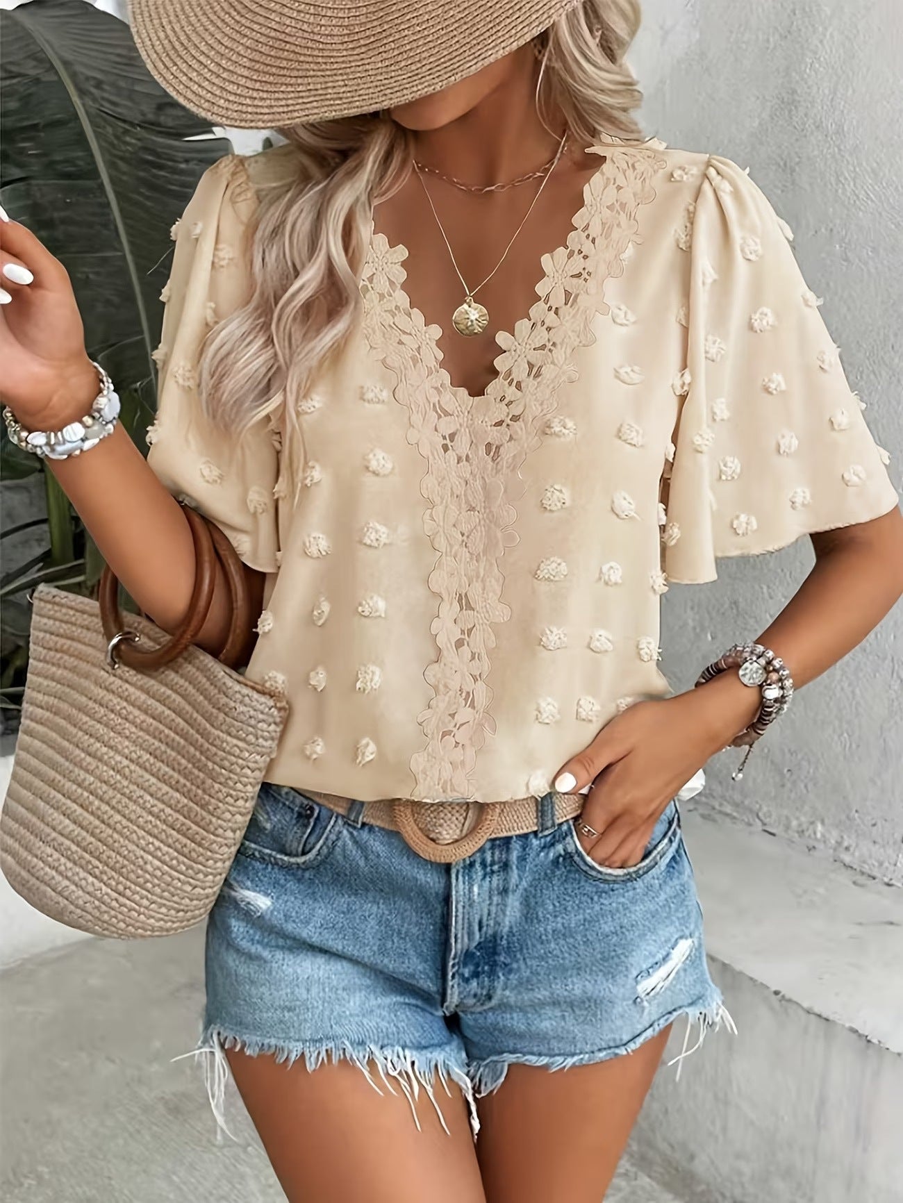 Women's V-Neck Lace-trimmed Casual Top